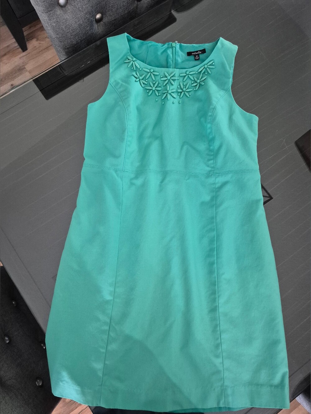 Rafaella Aqua Green Sleeveless Midi Dress with Floral Neck Embellishment